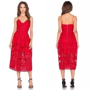 Nicholas Floral Lace Rouleau Ball Dress in Hibiscus Red